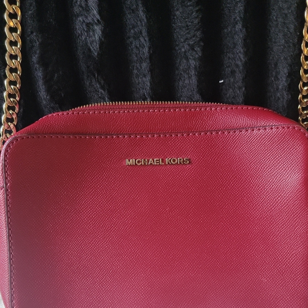 Michael Kors Red Leather Crossbody Bag with Gold Chain